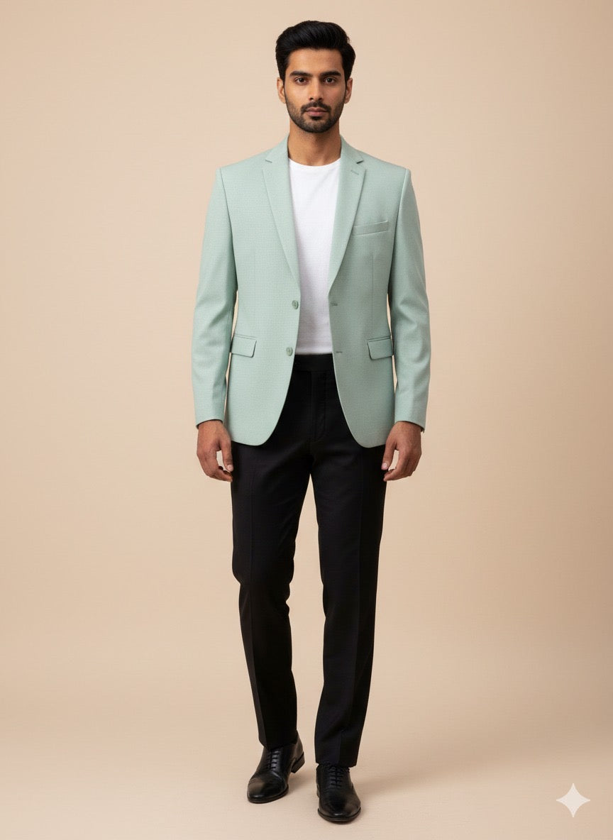 Man wearing a light green blazer over a white shirt with black pants on a beige background