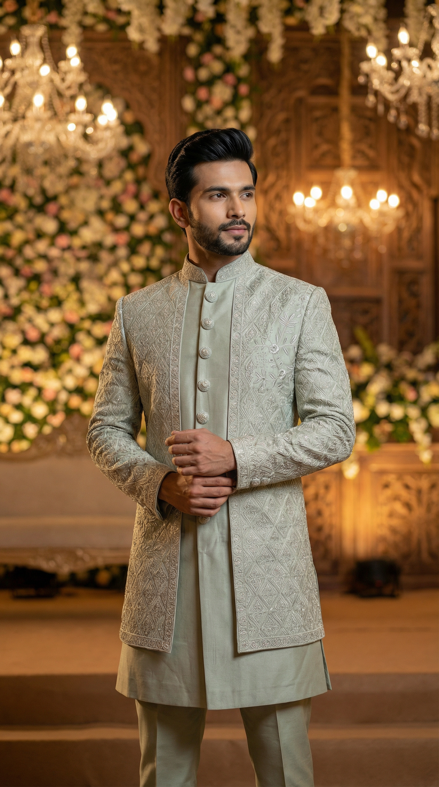 Man in traditional attire standing in a decorated indoor setting with floral arrangements and chandeliers.