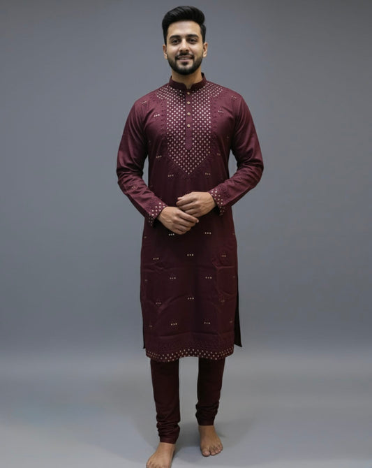 Wine Cotton Silk Embroidery Kurta Set | Waak
