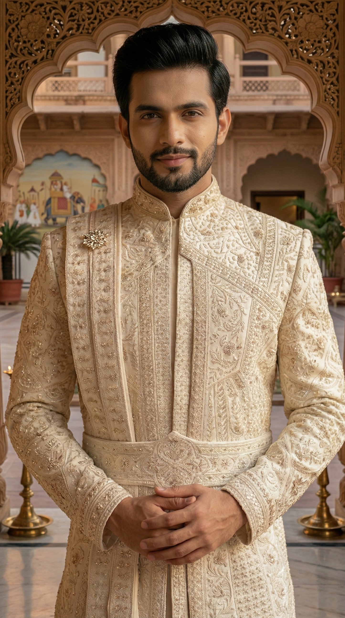 Ivory All-Over Embroidered Sherwani Set