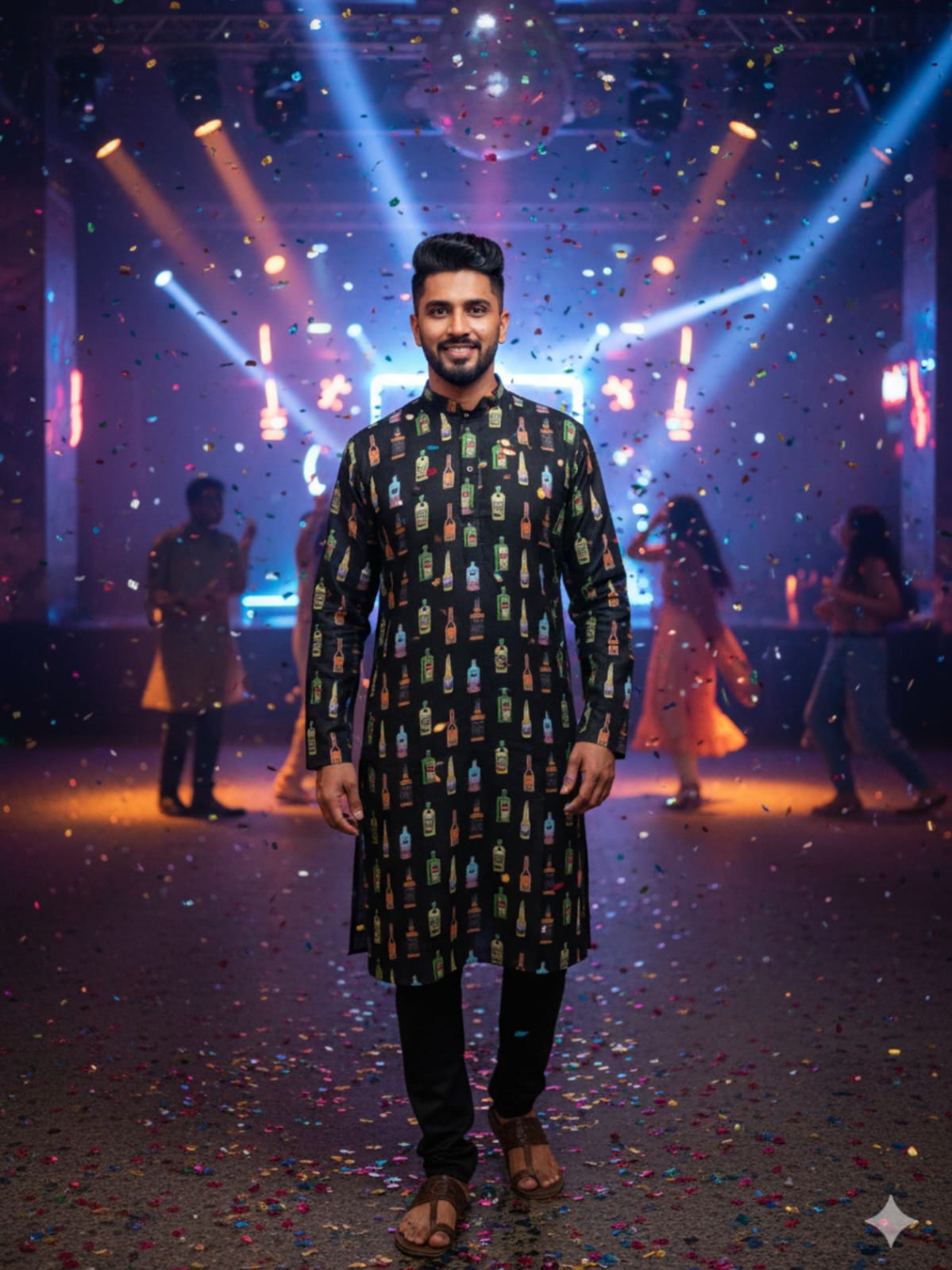 Man in a patterned kurta standing on a stage with colorful lights and confetti
