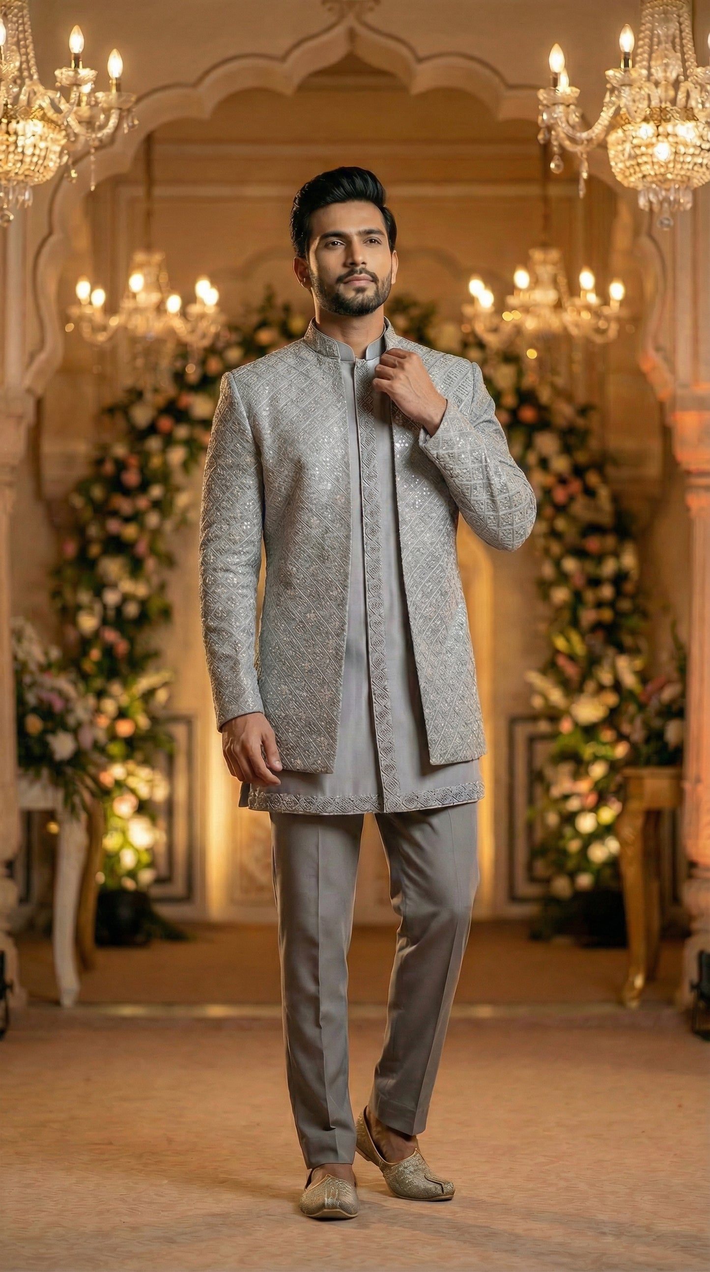 Man in a gray traditional outfit standing in an ornate room with chandeliers and floral decorations.