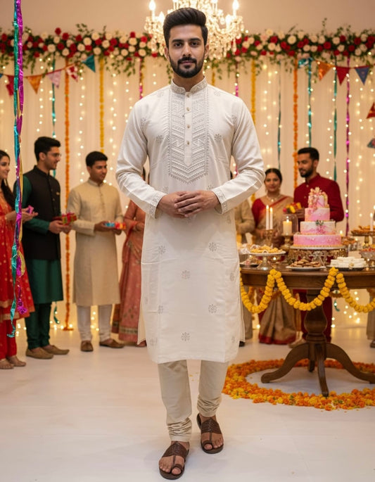 White Beads Embroidery Kurta Set | Waak