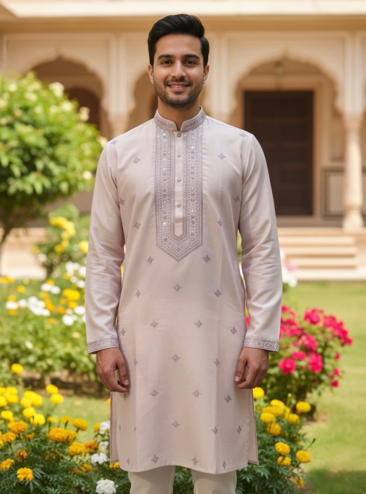 Blush Pink Cotton Silk Embroidery Kurta Set | Waak