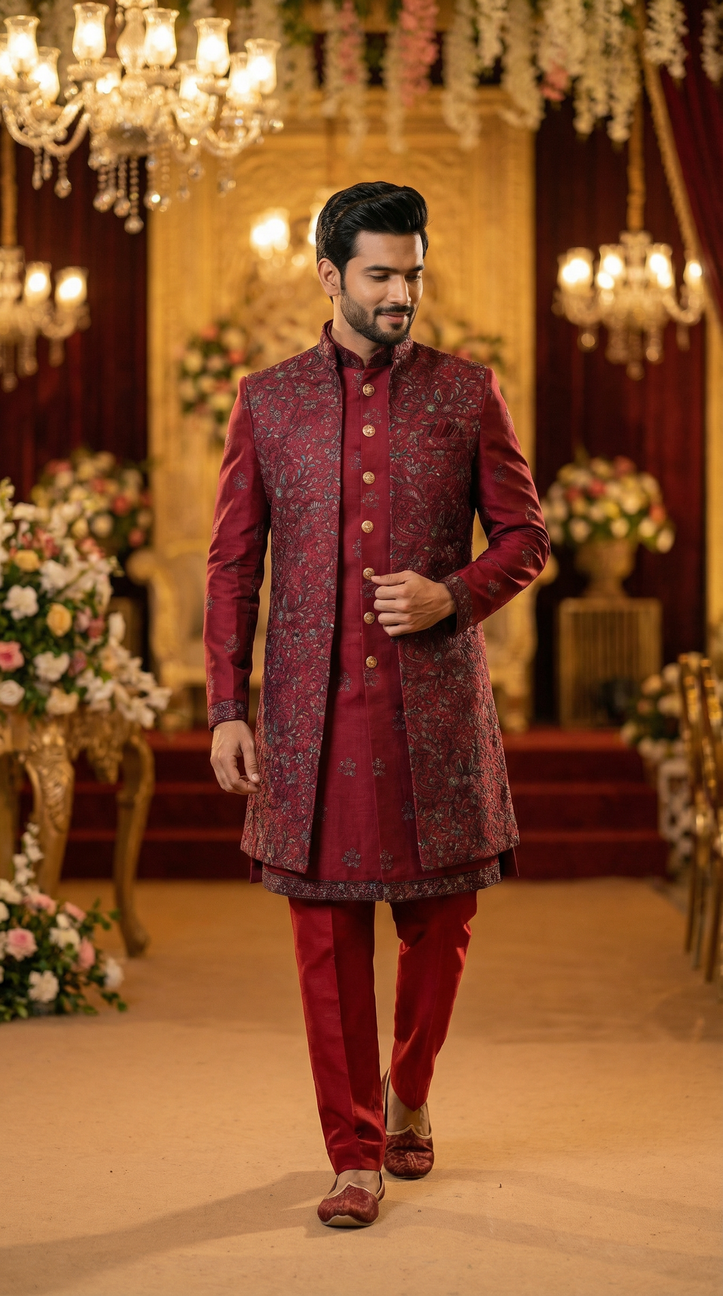 Man in a maroon traditional outfit standing in an ornate decorated room.