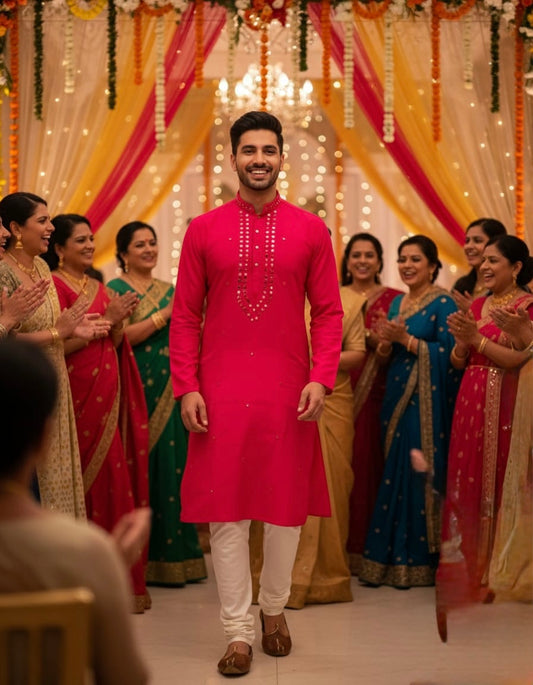 Magenta Bahar Mirror Embroidery Celebration Kurta | Waak