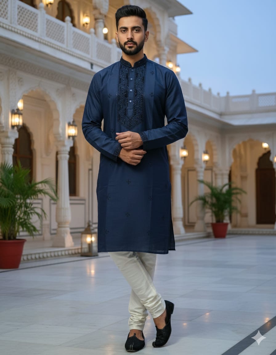 Man wearing a navy kurta with white pants in an elegant indoor setting