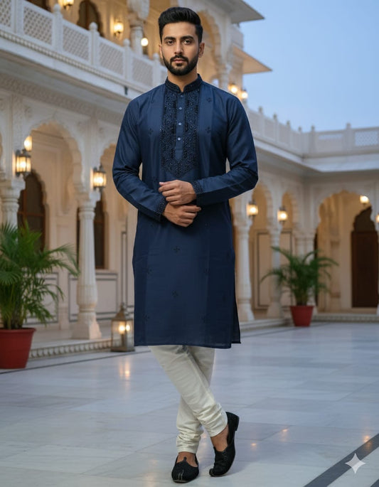 Man wearing a navy kurta with white pants in an elegant indoor setting