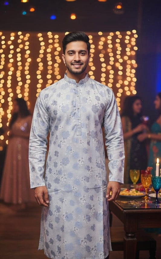 Grey Floral Jackard Kurta Set | Waak