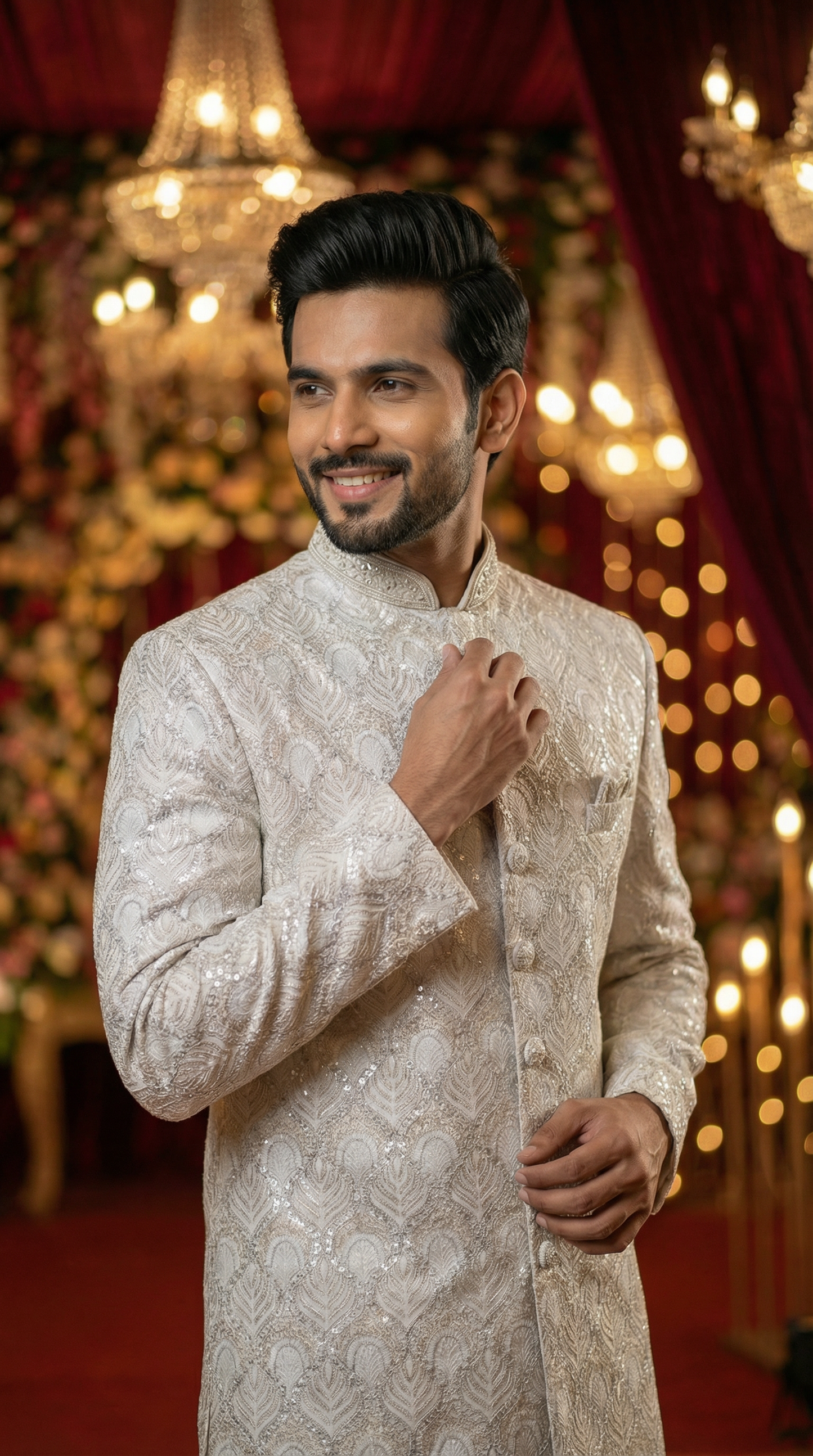 Man in a traditional sherwani standing in a decorated room with lights and flowers.