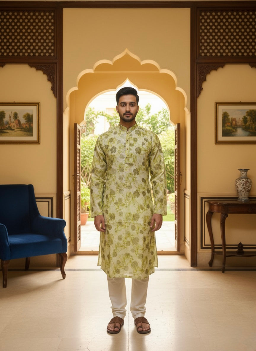 Man wearing a green floral kurta in a decorated room with arches and paintings.