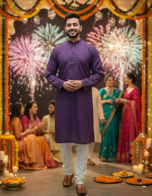 Man in a purple kurta standing in front of a decorated backdrop with fireworks and people in traditional attire.