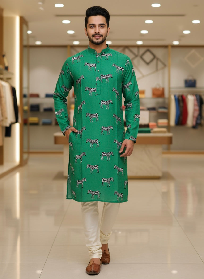 Man wearing a green kurta with zebra pattern in a store setting