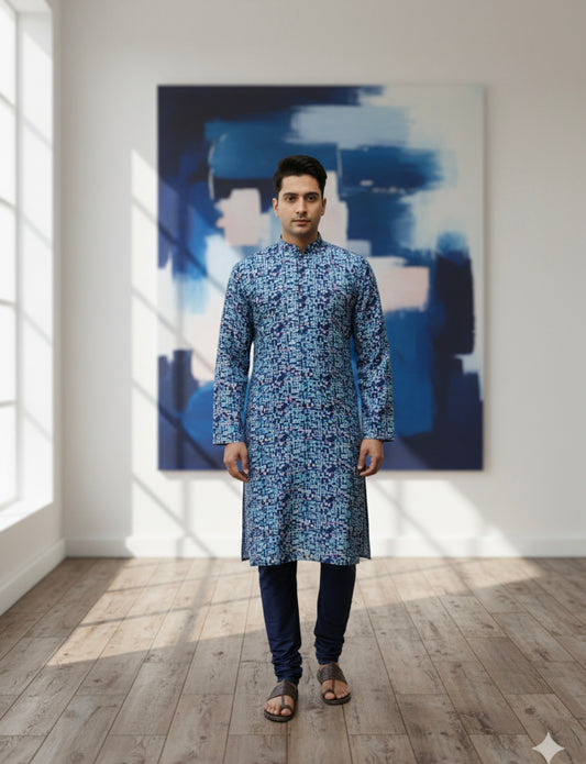 Man wearing a blue kurta standing in a room with a large abstract painting on the wall.