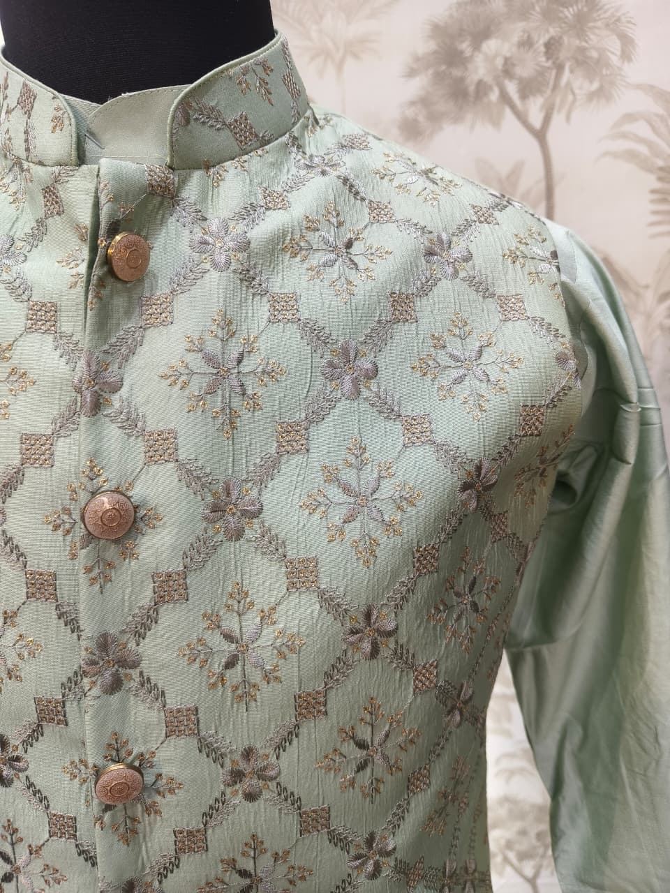 Elegant Green Embroidery Waistcoat with Kurta Set | Waak