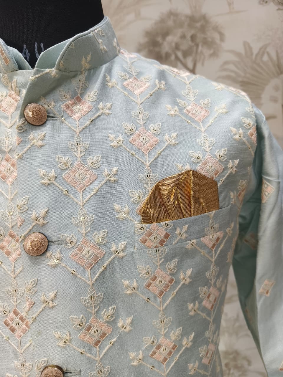 Sky Blue Kashmir Silk Embroidery Kurta with Waistcoat | Waak