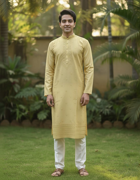 Minimalist Yellow Gold Cotton Silk Embroidery Kurta Set | Waak