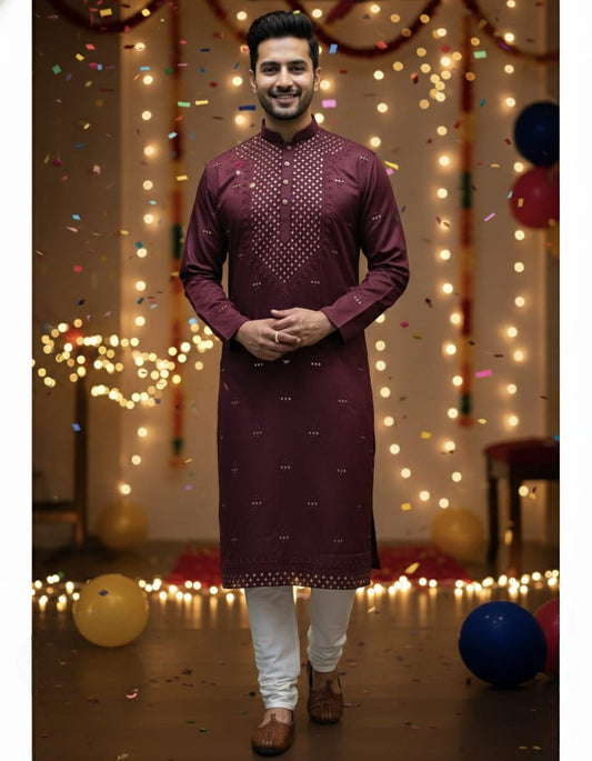 Wine Cotton Silk Embroidery Kurta Set | Waak