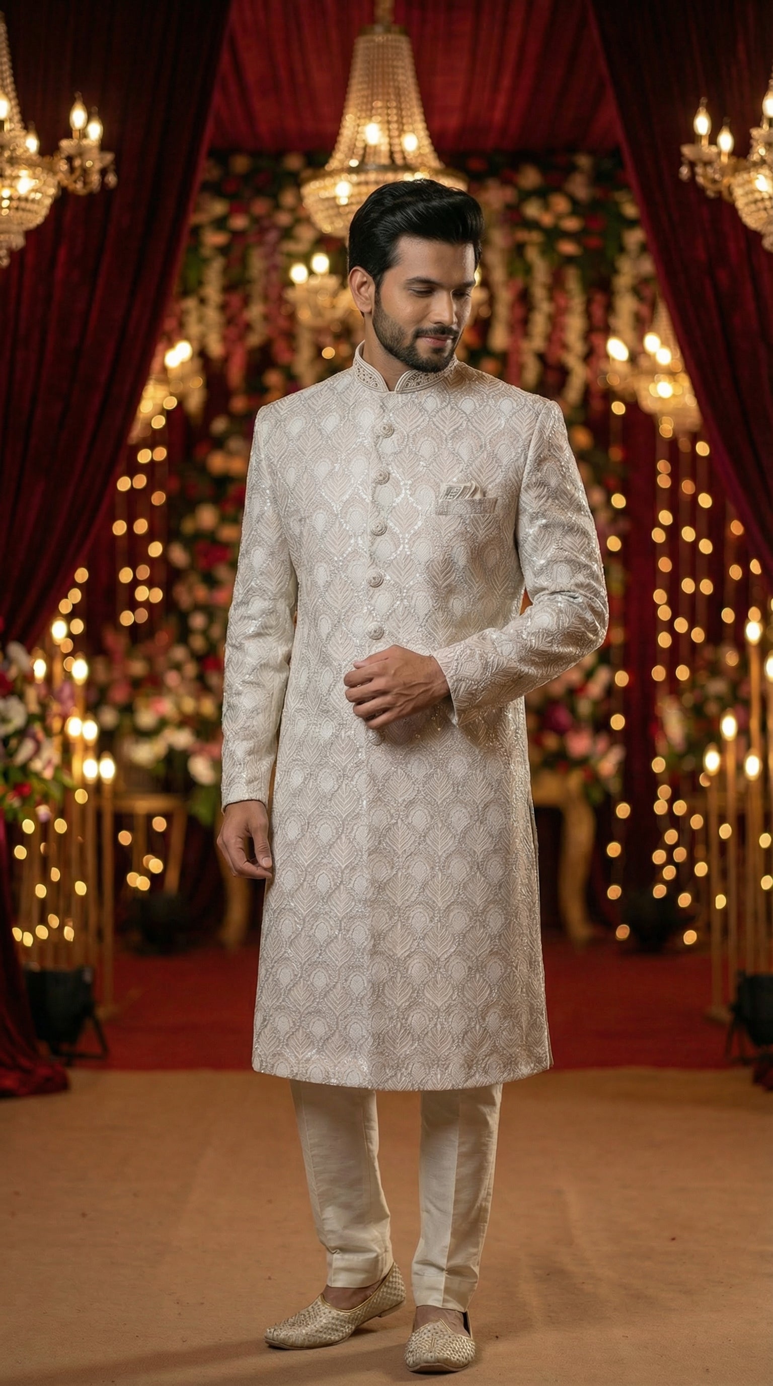 Man in a traditional white sherwani standing in front of a decorated backdrop with lights and flowers.