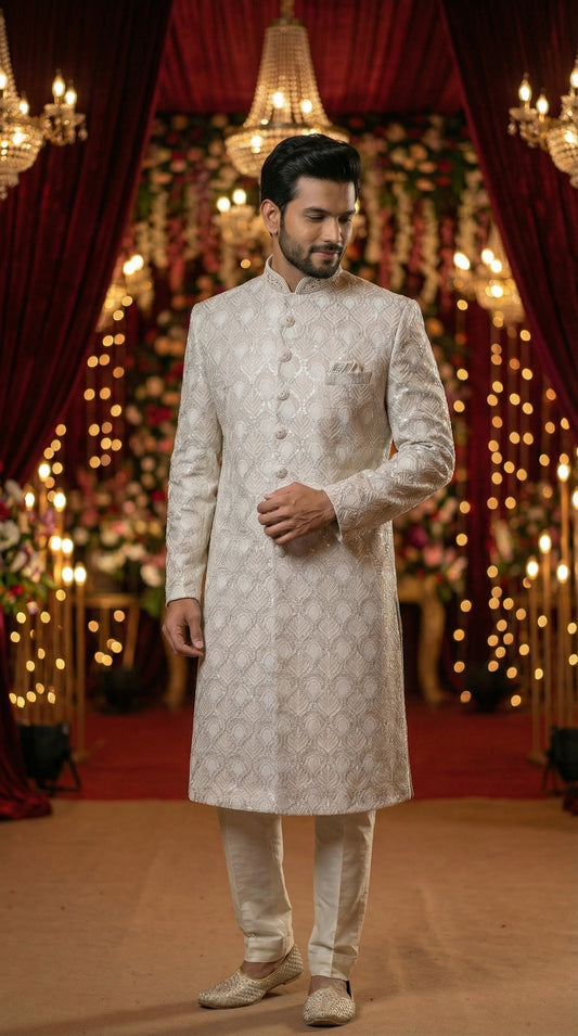 Man in a traditional white sherwani standing in front of a decorated backdrop with lights and flowers.