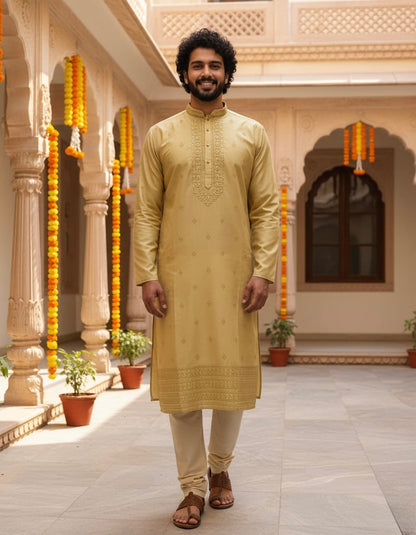 Minimalist Yellow Gold Cotton Silk Embroidery Kurta Set | Waak