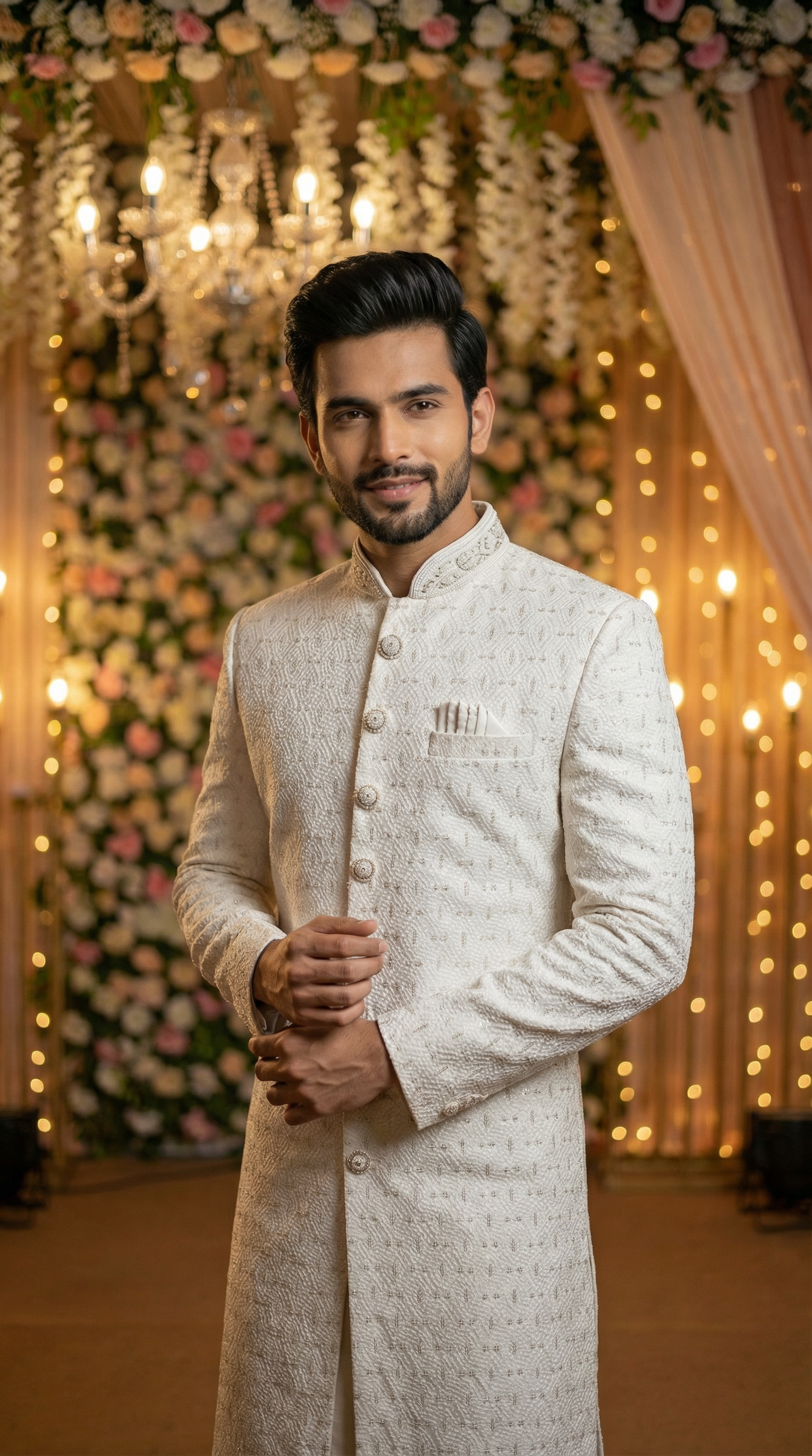 Man in a white sherwani standing in front of a decorated backdrop with flowers and lights.