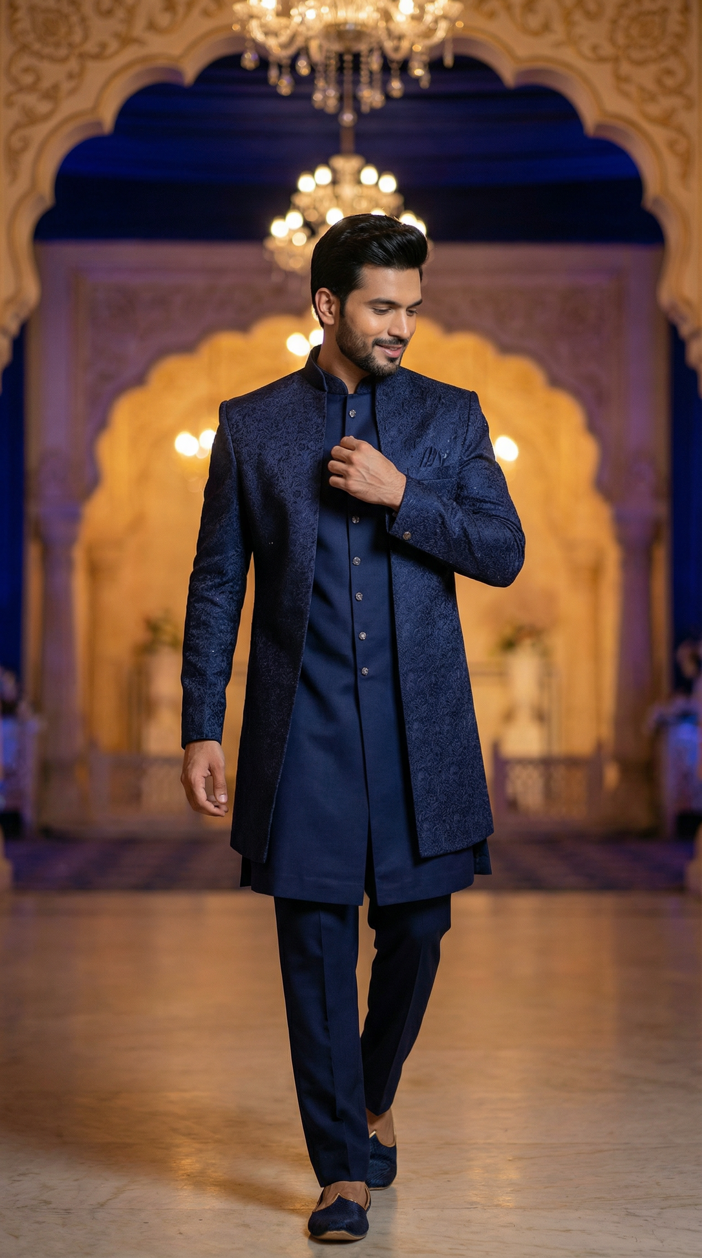 Man in a dark blue sherwani standing in an ornate room with chandeliers.