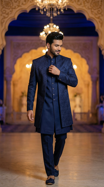 Man in a dark blue sherwani standing in an ornate room with chandeliers.