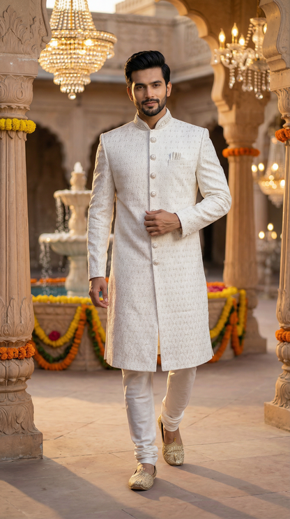 Man in a white sherwani standing in an ornate indoor setting with chandeliers.