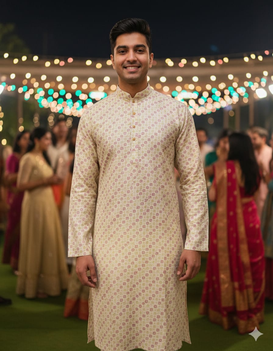 Man in a patterned kurta standing in front of a festive background with people and lights.