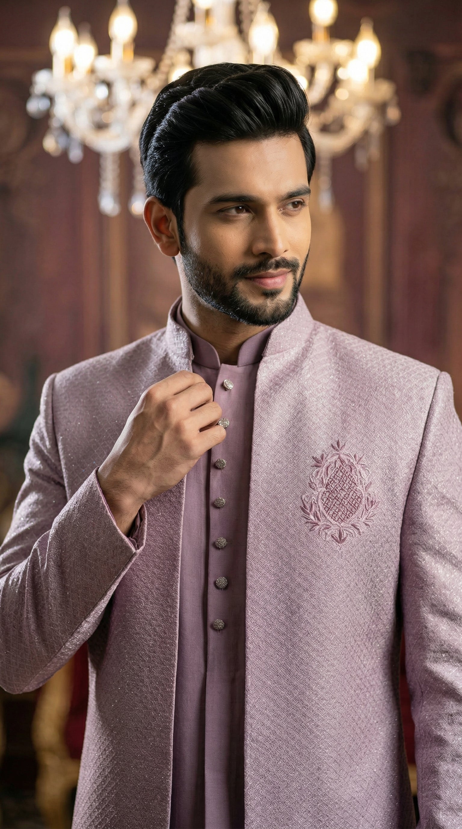 Man wearing a Mauve sherwani with intricate embroidery in a dimly lit room.