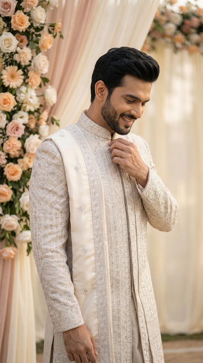 Man in traditional attire standing in front of floral decorations