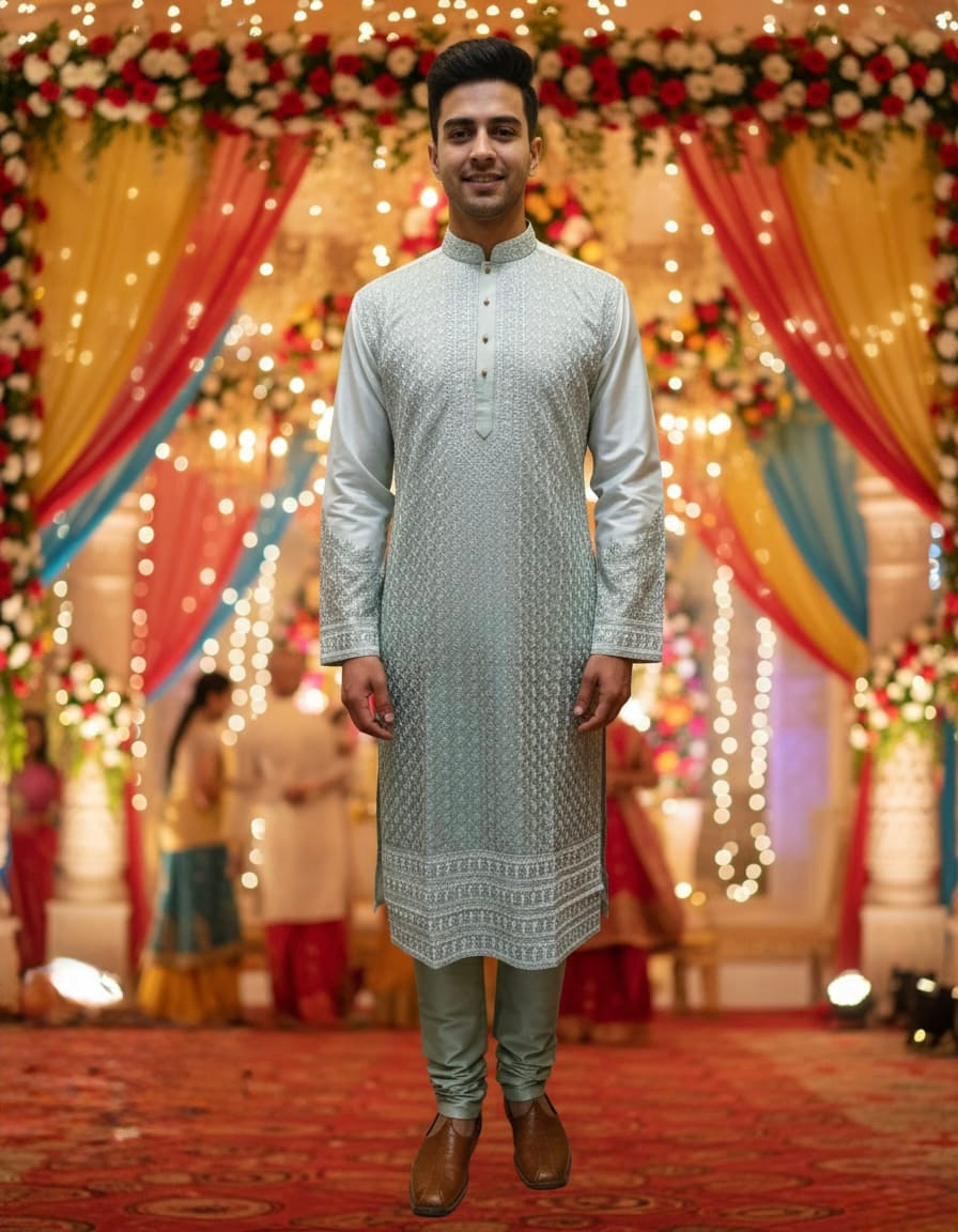 Green & White All Over Thread Work Ombré Kurta Set | Waak