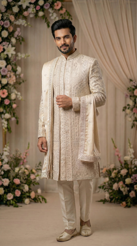 Man in a traditional white sherwani standing in front of floral decorations