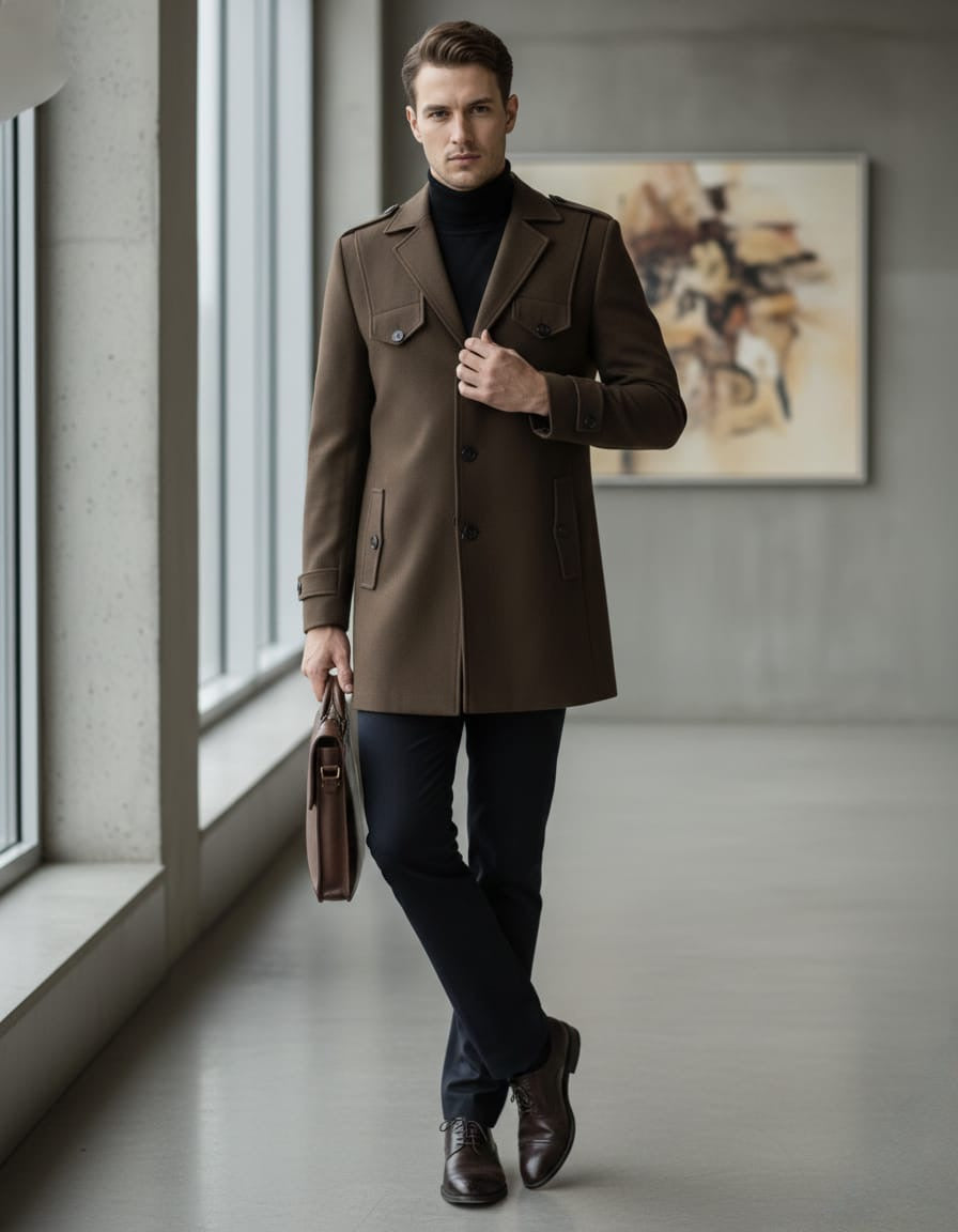 Man wearing a brown coat holding a leather briefcase in a modern interior setting.