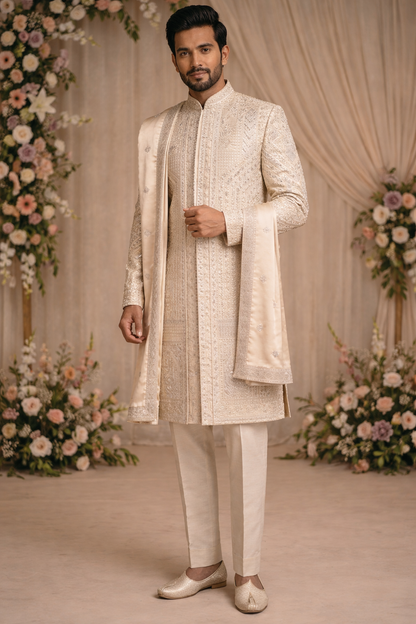 Man wearing a traditional cream sherwani with floral decorations in the background