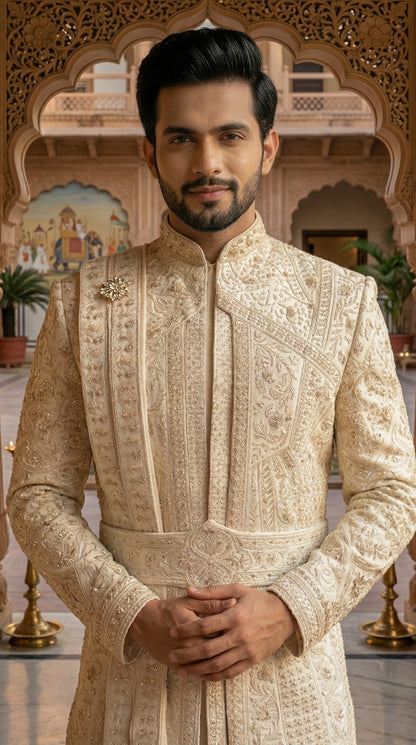 Ivory All-Over Embroidered Sherwani Set