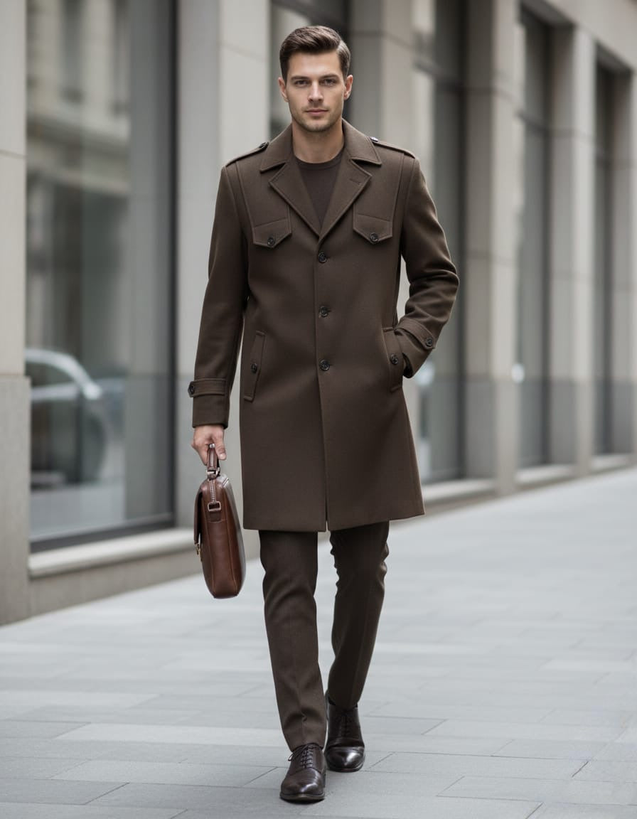 Man in a brown trench coat walking on a city street