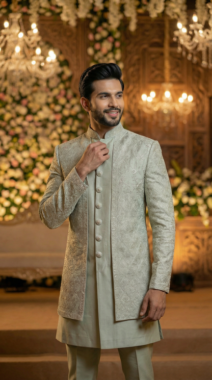 Man in a traditional sherwani standing in a decorated indoor setting with floral arrangements and chandeliers.
