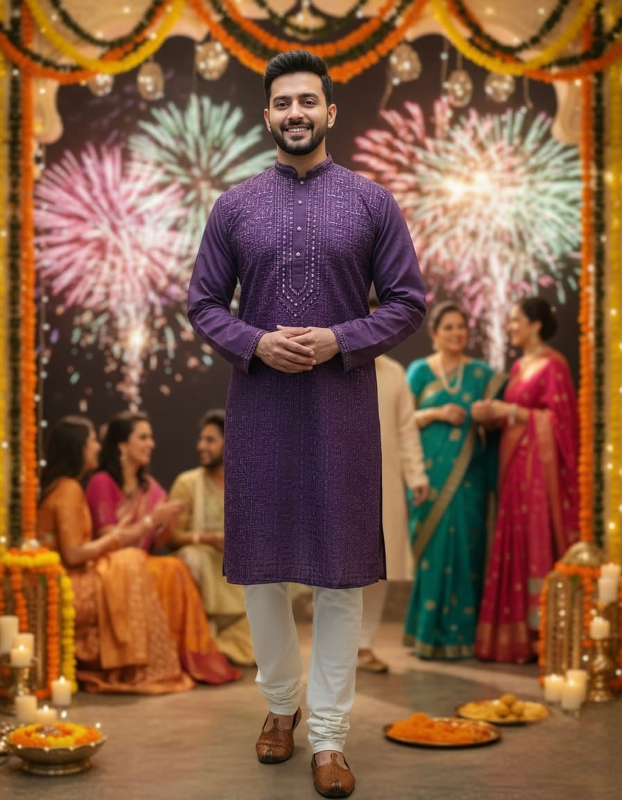 Man in a purple kurta standing in front of a decorated backdrop with people and fireworks.