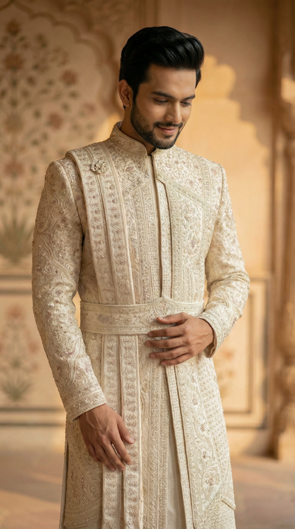 Ivory All-Over Embroidered Sherwani Set