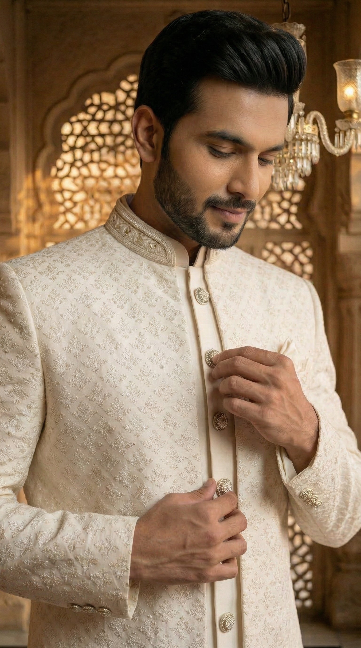 Man wearing a cream-colored sherwani in an ornate interior setting
