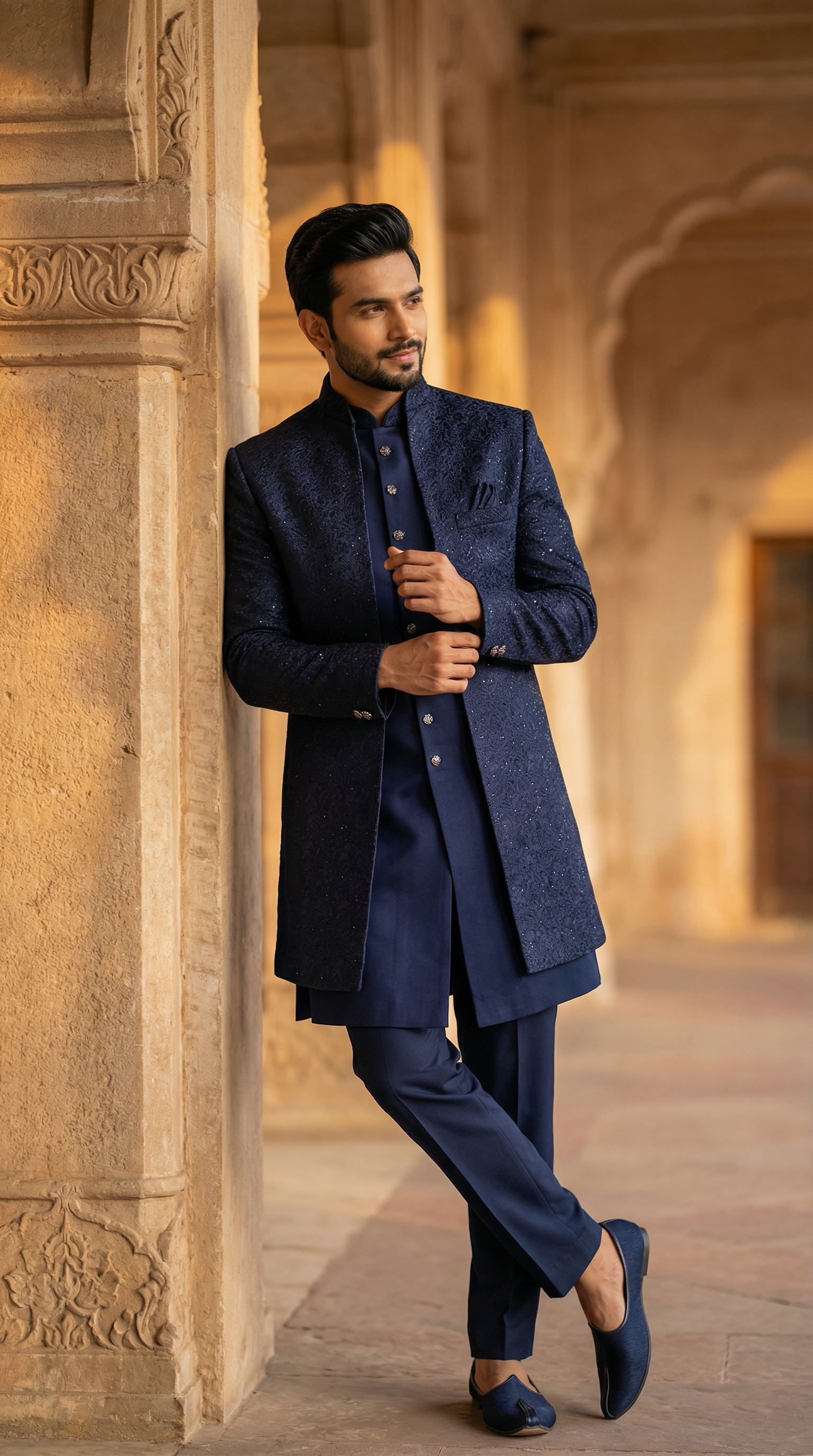 Man in a navy blue traditional outfit standing against an ornate wall.