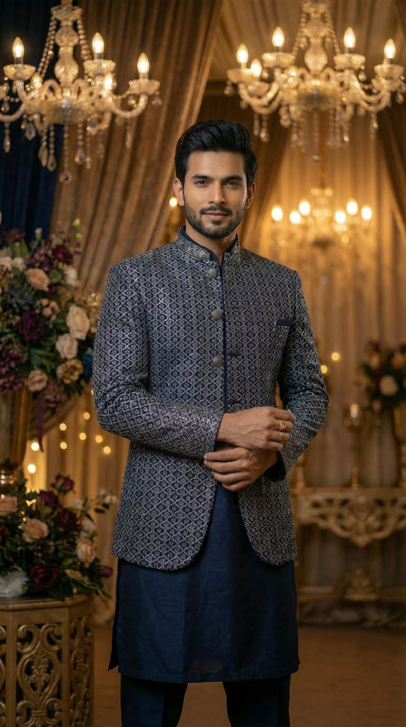 Man in a patterned suit standing in a decorated room with chandeliers and floral arrangements.