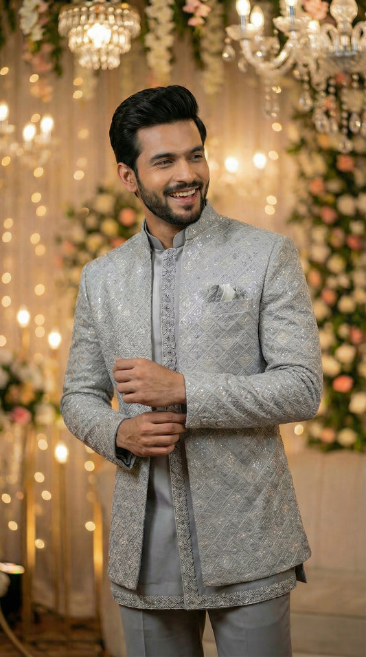 Man wearing a gray traditional outfit with a decorative background