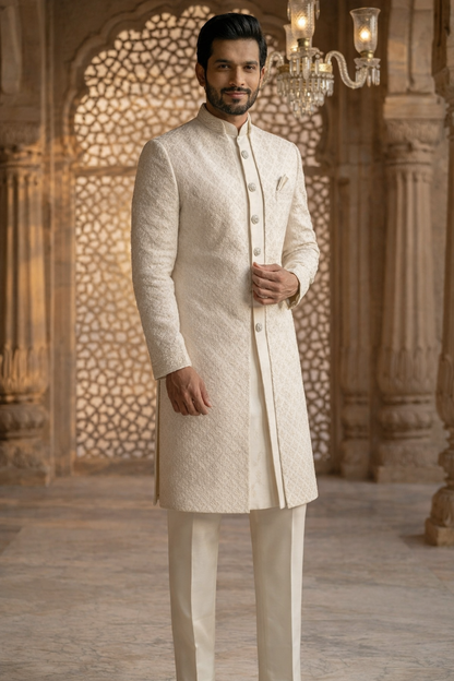 Man wearing a cream sherwani in an ornate room with chandelier