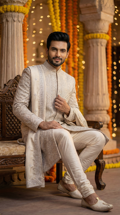 Man in traditional attire sitting on a decorative chair with lights and flowers in the background