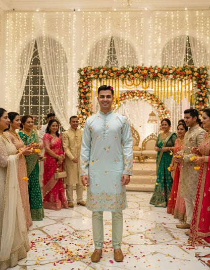 Cloud Blue Silk Embroidery Kurta Set | Waak