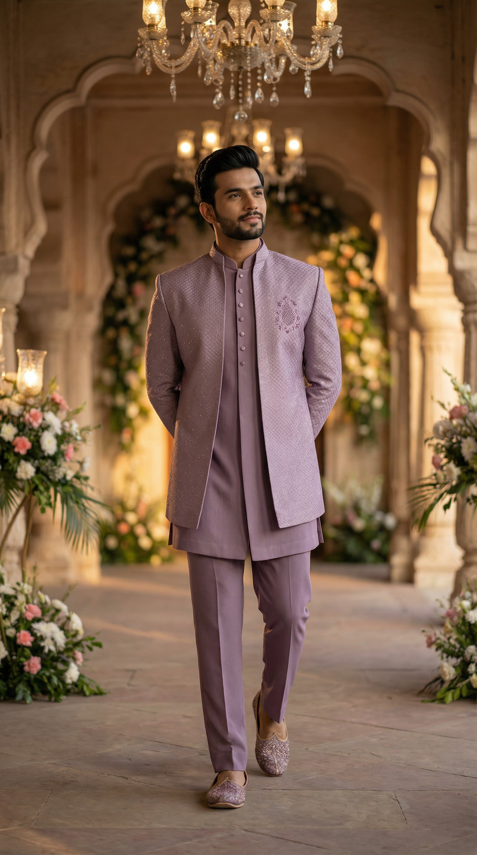 Man in a Mauve traditional outfit standing in an ornate hall with floral decorations.