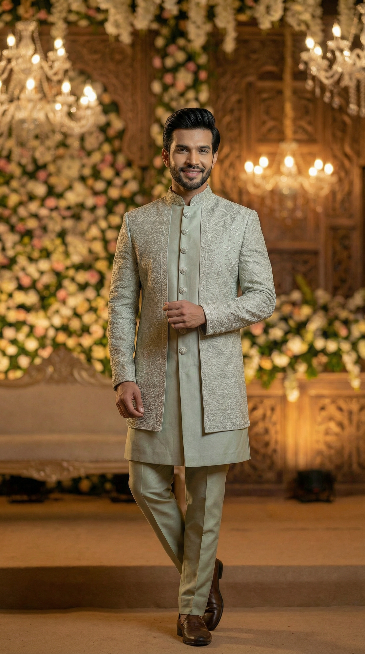 Man in a light-colored traditional outfit standing in front of a decorated backdrop with flowers and chandeliers.